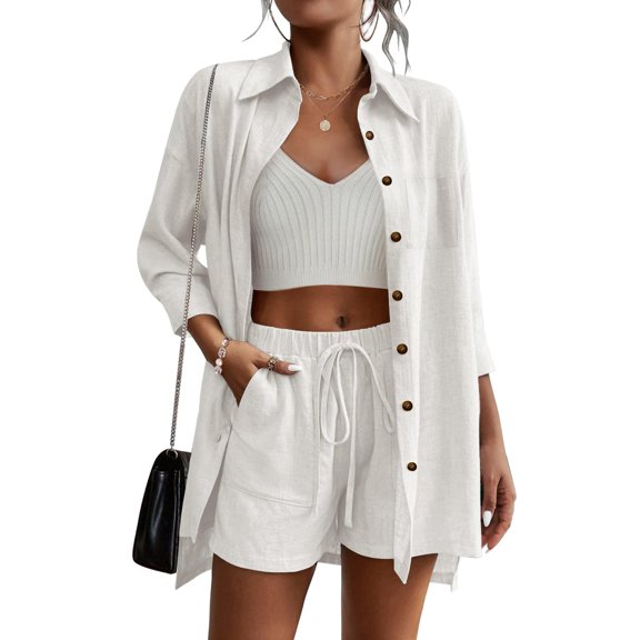 Women's 2 PC Outfits 3/4 Sleeve Button Up Shirt & Shorts Set, White XX-Large