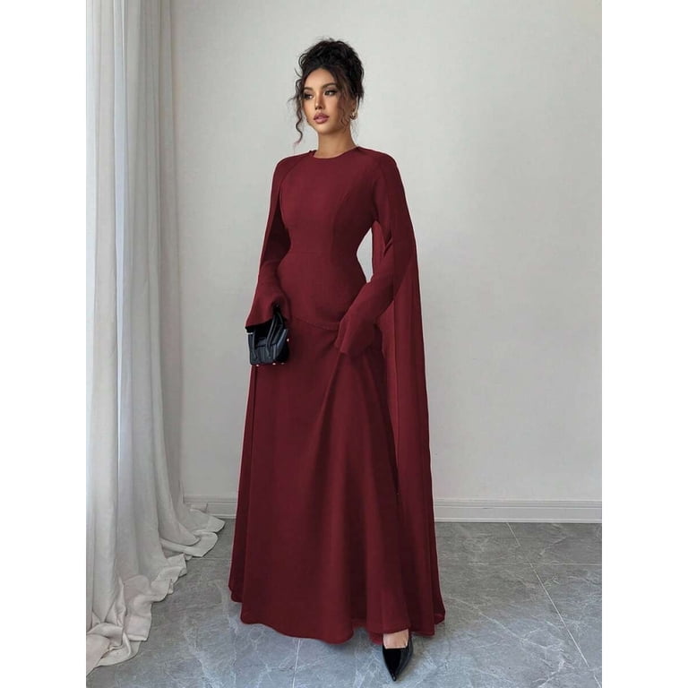 Burgundy Womens Elegant Middle Eastern Style Vintage French Chic Long Dress With Layered Bodice, Flared Sleeves And Shoulder Drape