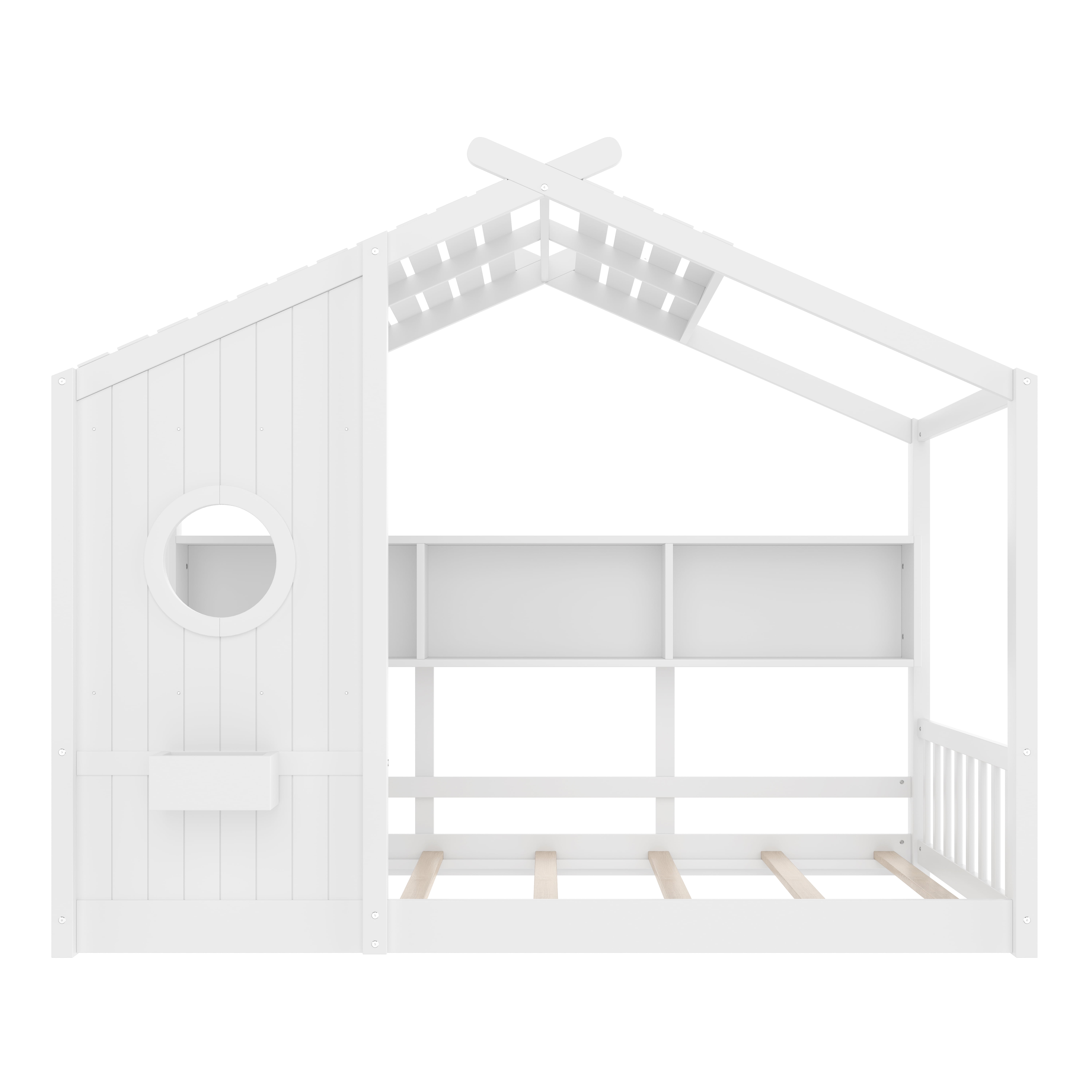 Twin Size Floor House Bed with Storage Shelf, House Bed with Roof Design, White