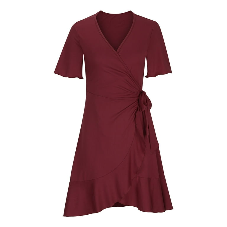 princess polly baby blue dress QUYUON Women Wrap Midi Dress Summer Bohemian Floral Printed Wrap V-Neck  Beach Flowy Ruffle Mid-Length Dress Side Tie Knot A-Line Evening Cocktail  Party Asymmetrical Dresses, Wine L