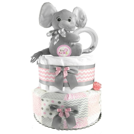 Trim Diaper Cake (Elephant Diaper Cake for a Girl - Pink and Gray Baby Shower Centerpiece - 42 stage 1 Pampers Swaddlers)