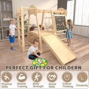 Kidsbuddy 9-in-1 Indoor Jungle Gym, Indoor Playground for Kids, Gym Equipment, Wooden Climber Set with Swing, Slide, Monkey Bars,Climbing Neting&Ladder, Dart Board(Car Pattern With Side Ladder)