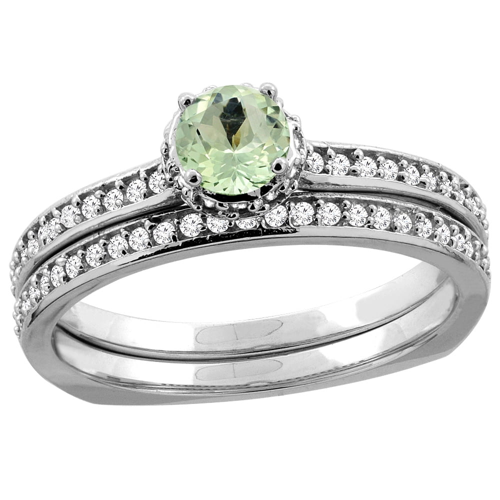 14K White Gold Diamond Natural Green Amethyst 2-pc Bridal Ring Set Round 4mm, sizes 5 10 by WorldJewels
