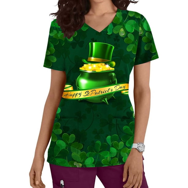Fiudx Liquidación de Ahorros de Verano Blusa de Manga Corta con Cuello En V para Mujer, Blusa con Bolsillos Estampados para El Día de San Patricio, Enfermería