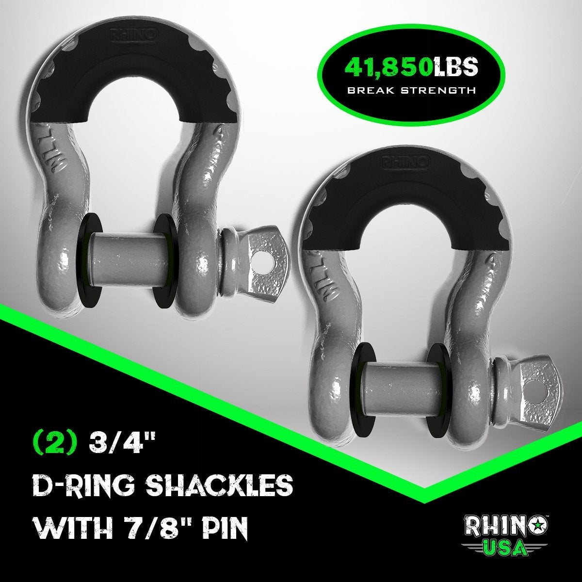 Rhino USA D Ring Shackles (2pc) - 41,850lb Break Strength - 3/4" Clevis Shackle w/ 7/8 Pin (Black)