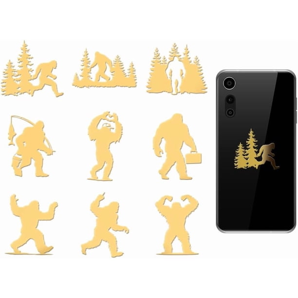 9 pegatinas metálicas doradas de 1,6 x 1,6 pulgadas, autoadhesivas, con temática animal, de metal Bigfoot, con diseño de árbol y pez, de epoxi.
