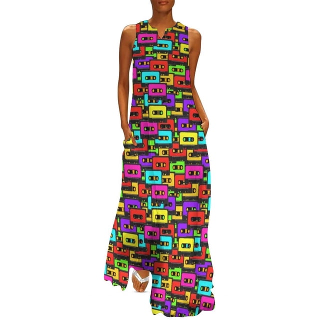 Colorful Music Dress Retro Vinyl Records Party Maxi Dress V Neck Pattern Bohemia Long Dresses Street Style Oversized Vestidos