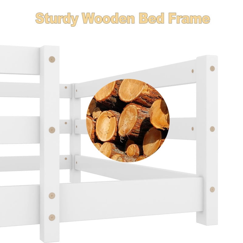Bellemave Twin Montessori Bed with Rails, Wood Twin Size Floor Bed Frame with Fence, Low to Ground Bed Frame with Safety Guardrails - White