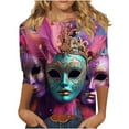 thumbnail image 2 of Craaazy Women's Crew Neck Carnival Shirts Casual Print Pullover 3/4 Sleeve Mardi Gras Tops Gifts, 2 of 5