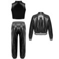 thumbnail image 2 of Alvivi 3Pcs Girls Hip Hop Clothes Set Performance Costumes Metallic Bomber Jacket Crop Top with Pants Set Black 6, 2 of 5