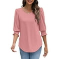 thumbnail image 6 of bbyeadc 3/4 Length Sleeve Tops for Women 2025 Crew Neck Puff Cuff Pleated Shirts Three Quarter Sleeve Dressy Casual Loose Fit Basic Trendy Tops Summer Basic Business Casual Blouses, Pink L, 6 of 7