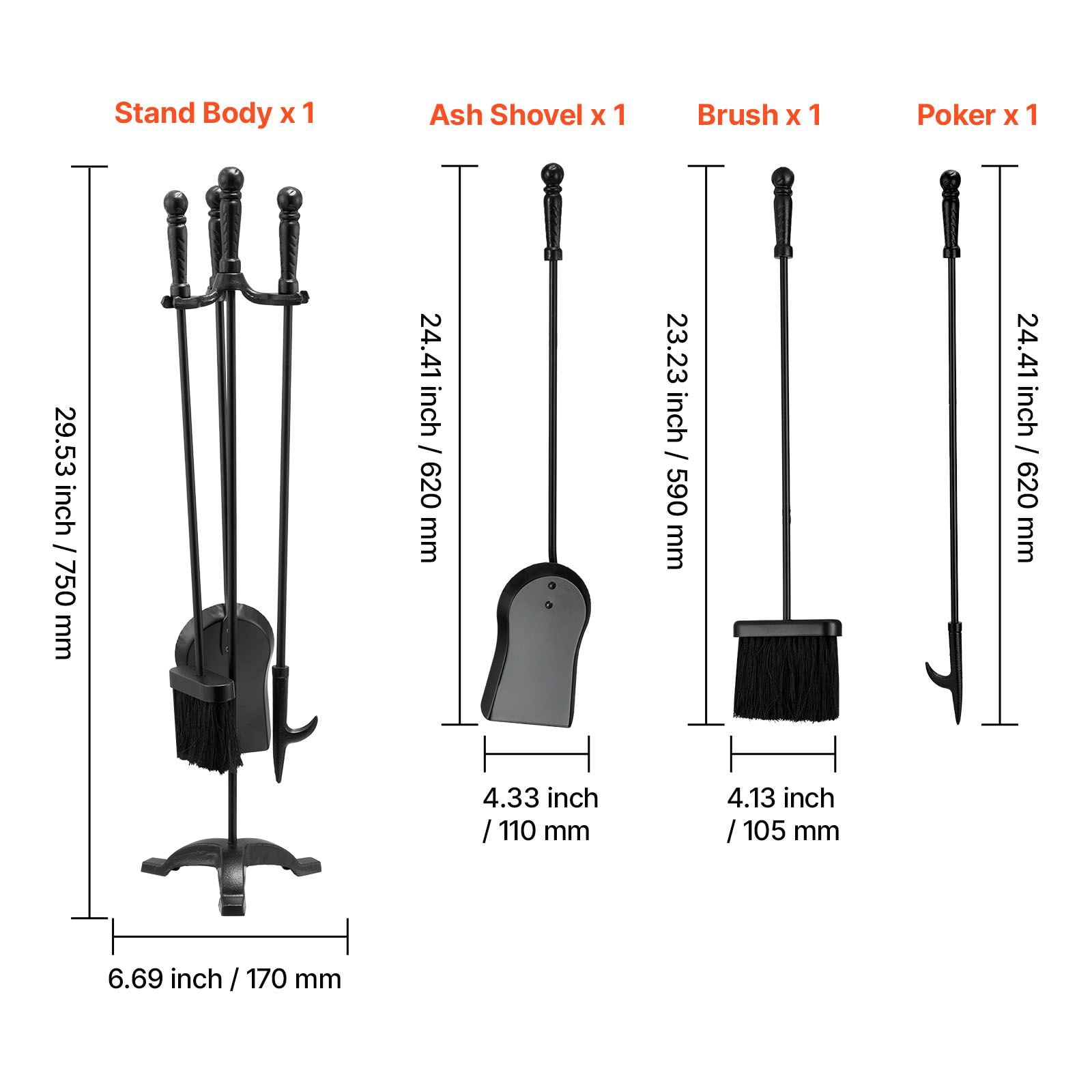 4-in-1 Fireplace Tool Set with Poker, Ash Shovel, Brush, Stand, Wrought Iron & Carbon Steel, for Indoor Wood Stove Fire Pit