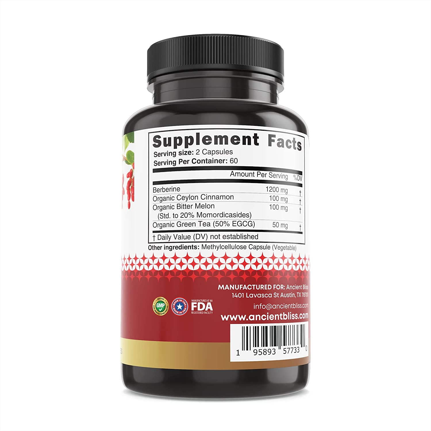 Ancient Bliss Berberine HCL 1200mg with Ceylon Cinnamon, Bitter Melon and Green Tea Extract, 120 Capsules
