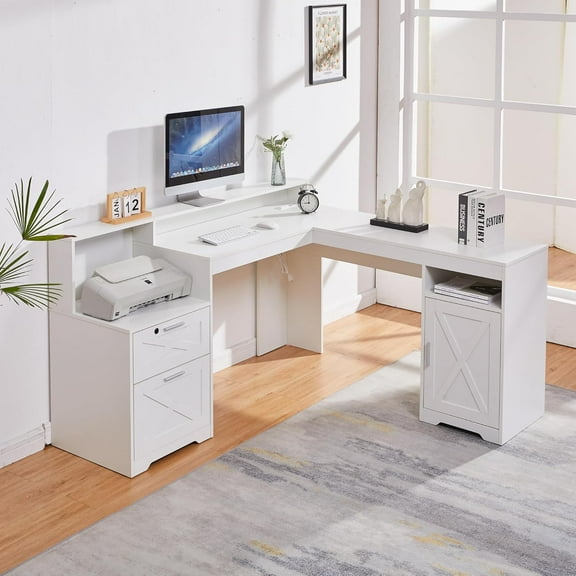 60" L Shaped Executive Desk with Printer Space,Corner Computer Desk with Power Outlets,Lockable Drawers & Adjustable File Cabnet,L Shaped Office Desk with Monitor Stand (White)