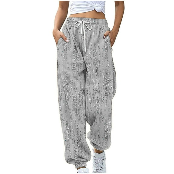 Sweatpants Women High Elastic Waisted Drawstring Wide Leg Trendy Bohemian Print Striped Casual Loose Trousers with Pockets,Gray 1,L