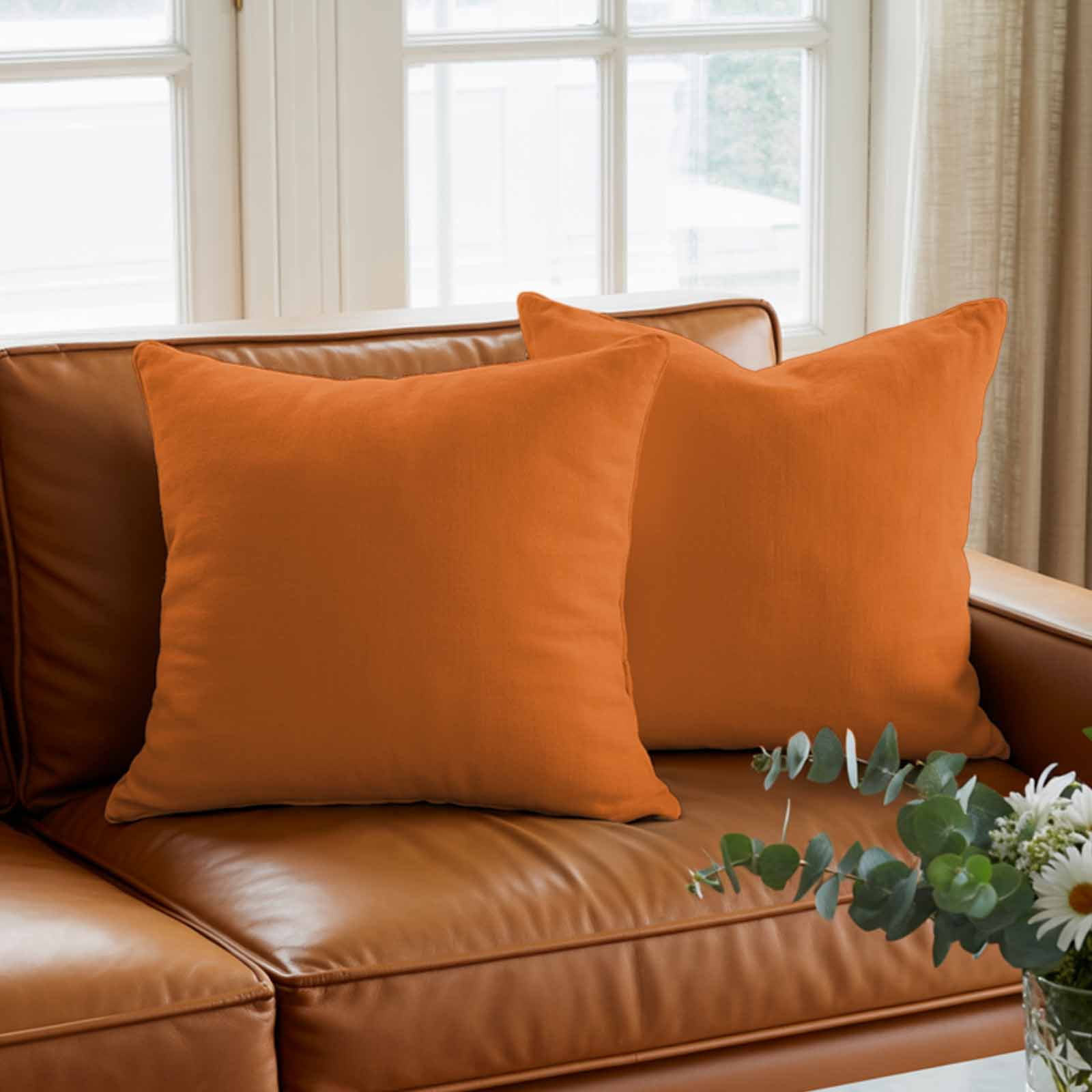 Throw Pillow Covers 24 x 24 Inch, Orange Cotton Linen Pillows Cases, Pure Orange Square Cushion Covers for Couch Sofa Bed