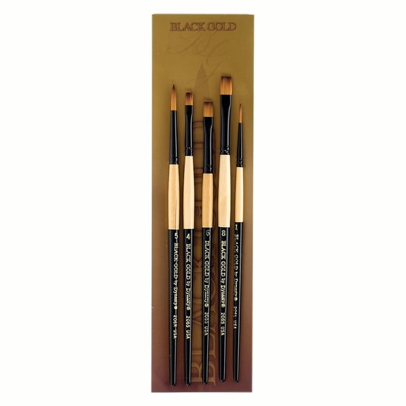 FM Brush Black Gold Short Handle 5-Brush Set, Liner 1, Shader 4, 6, 8, Round 5