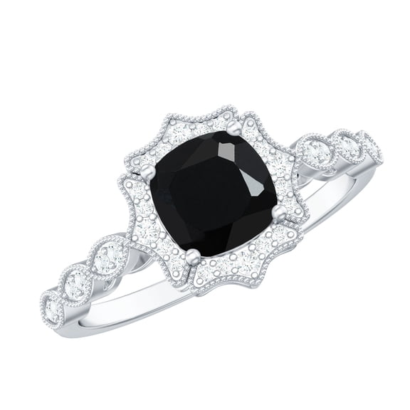 Rosec Jewels Cushion Cut Black Onyx Engagement Ring 2 Ct - 8mm - AAA Quality - Vintage Style Black Onyx Diamond Ring, 925 Sterling Silver, US 4.00