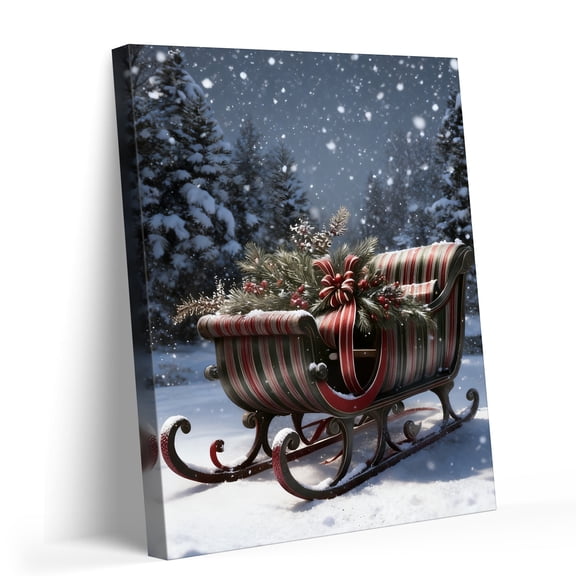 P&L Art Christmas Sleigh Canvas Wall Art, Festive Snowy Forest Decor with Red & Green Striped Sleigh, Framed Canvas Print