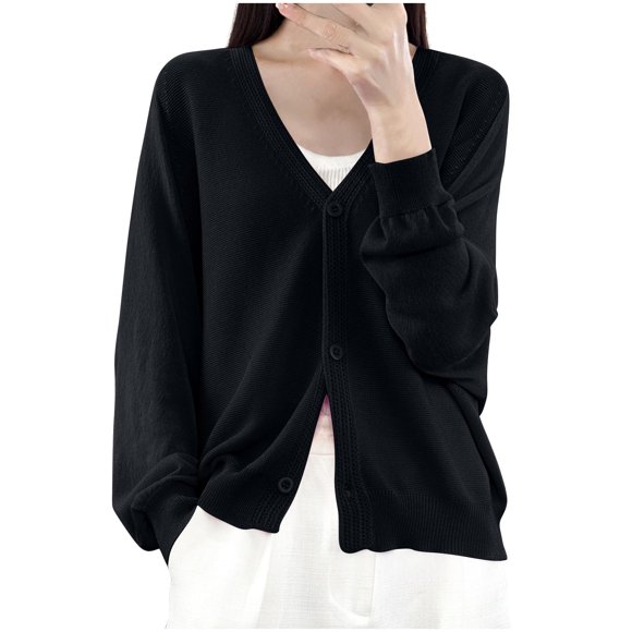 Womens Button Down Knit Cardigans Long Sleeve V Neck Casual Cardigan Sweaters Light Weight Loose Lounge Wear Fall Black, L