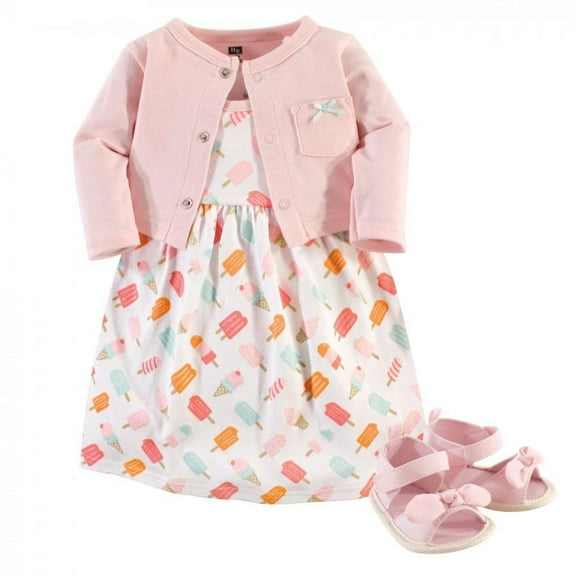 Hudson Baby Infant Girl Cotton Dress, Cardigan and Shoe 3pc Set, Ice Cream, 3-6 Months