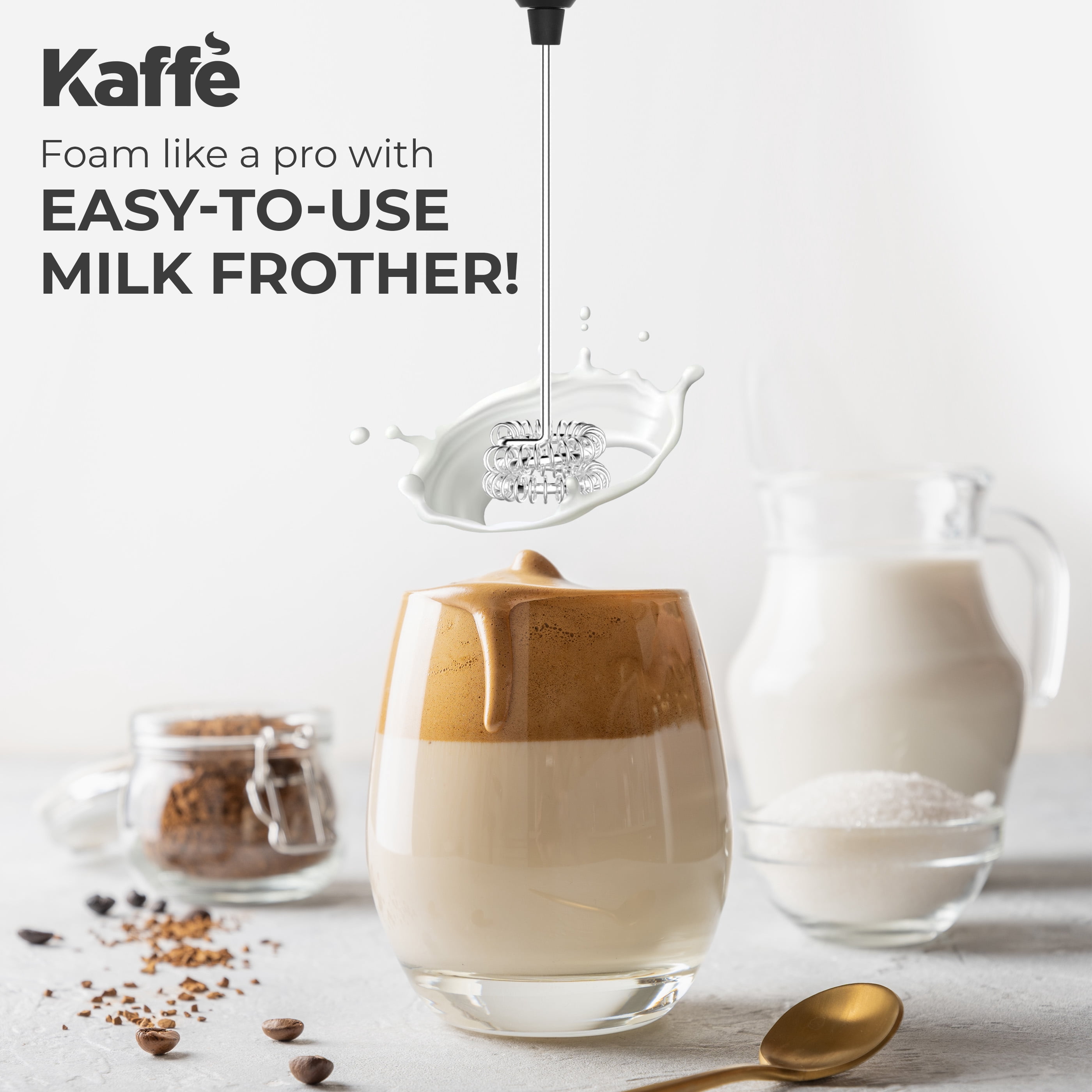 Kaffe Handheld Milk Frother Whisk with Stand Cordless Electric Hand Mixer, Silver