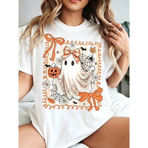 Plus Size Women's Ghost Halloween Graphic Tee, FALL VIBES Cute Fashion Casual T-Shirt Round Neck Short Sleeved Top