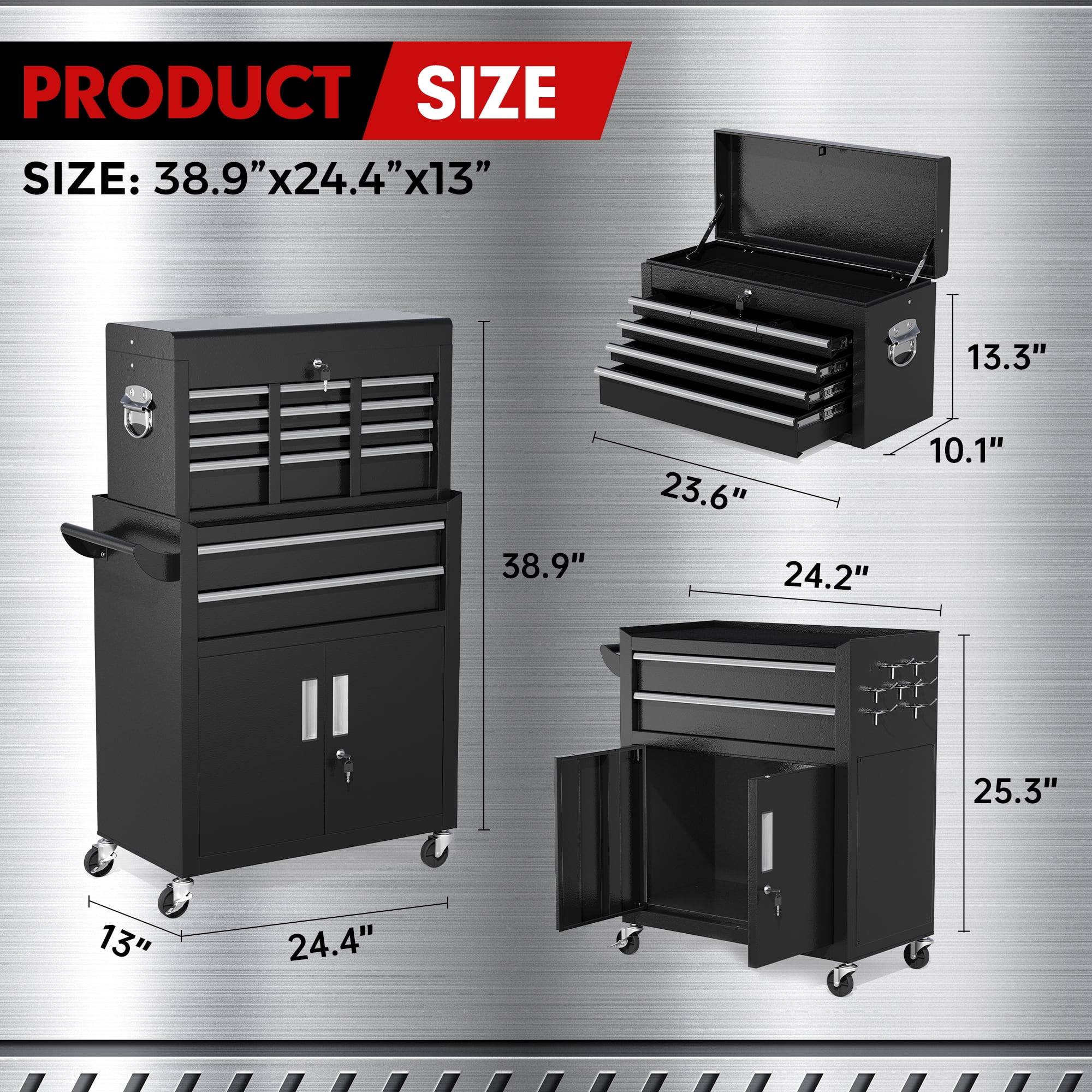 SUNCROWN 2-IN-1 Tool Box, 8-Drawer Rolling Tool Chest with Drawers on Wheels ,Metal Storage Detachable Top Tool Box with Lockable Wheels and Hooks for Garage, Workshop, Art Studio(Black)