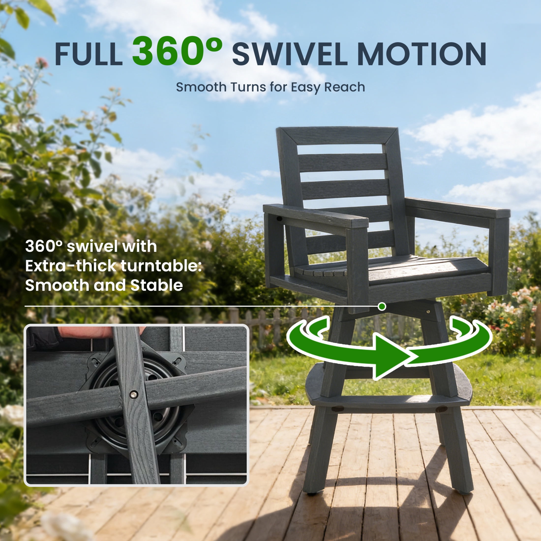 Noble House Outdoor Swivel Bar Stool, HDPE Wood Grain Ladderback Patio Chair with Footrest for Deck, Poolside, Grey