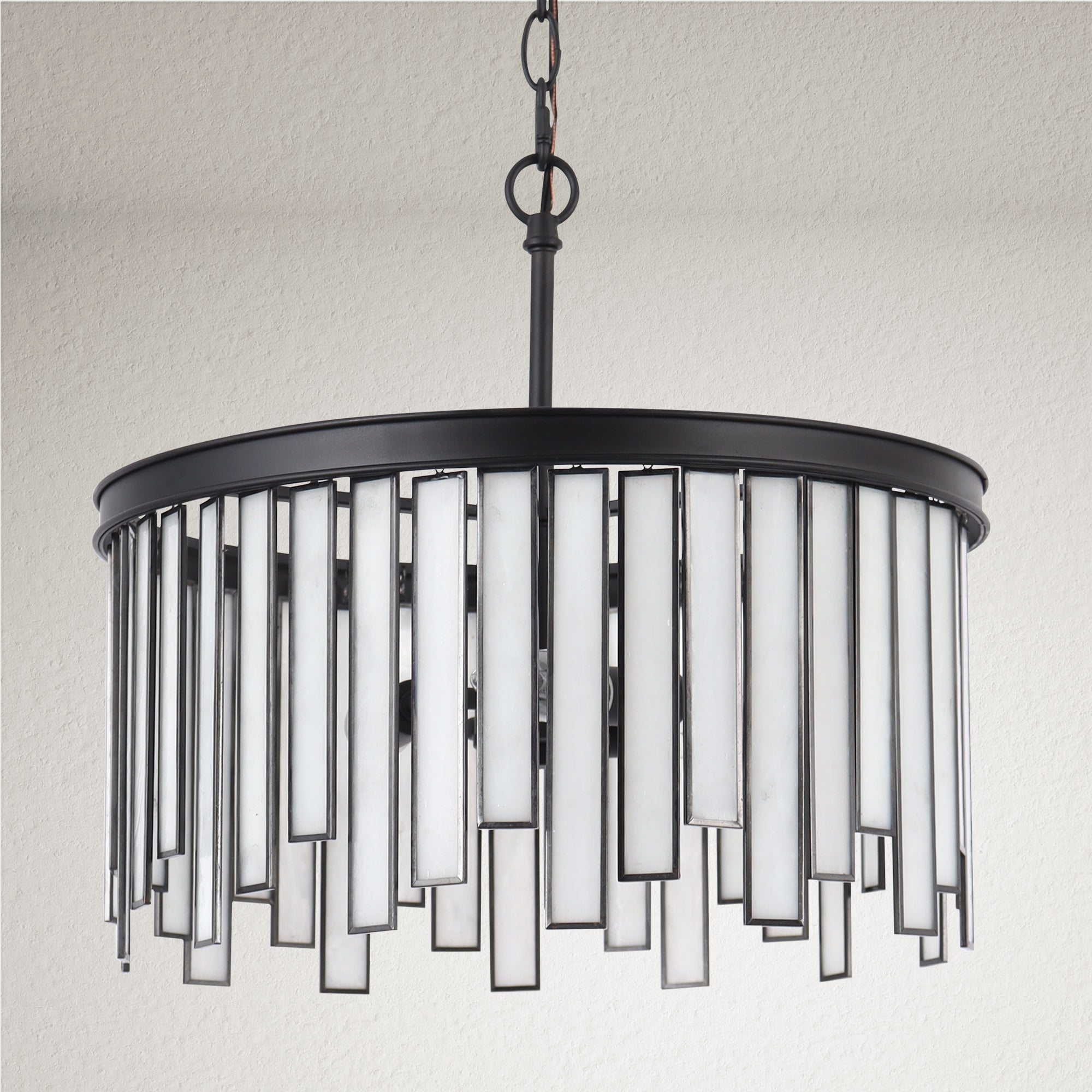 LNC Hemaaolay 3-Light Matte Black and Gold, Tiffany Art Glass Drum Pendant Light