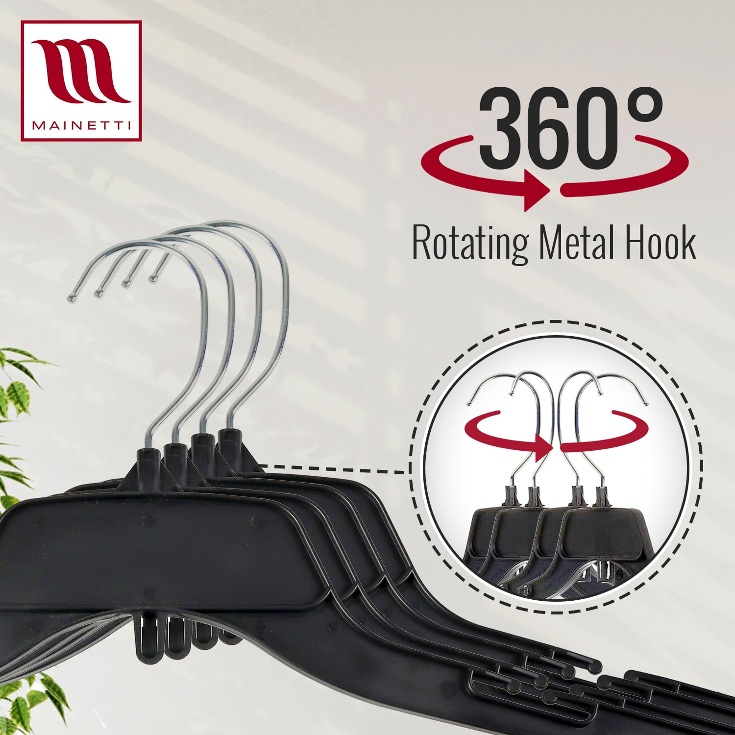 Mainetti Brand 484 Adult Plastic Clothes Hangers with Rotating Metal Hook and Notches, 200-Count