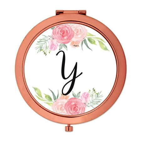 Mirror Perch - Andaz Press Compact Mirror Bridesmaid's Wedding Gift, Rose Gold, Monogram Letter Y, Peach and Pink Roses, 1-Pack