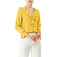 thumbnail image 2 of Unique Bargains Women's Ruffle V Neck Chiffon Work Office Peasant Blouse XL Yellow, 2 of 7