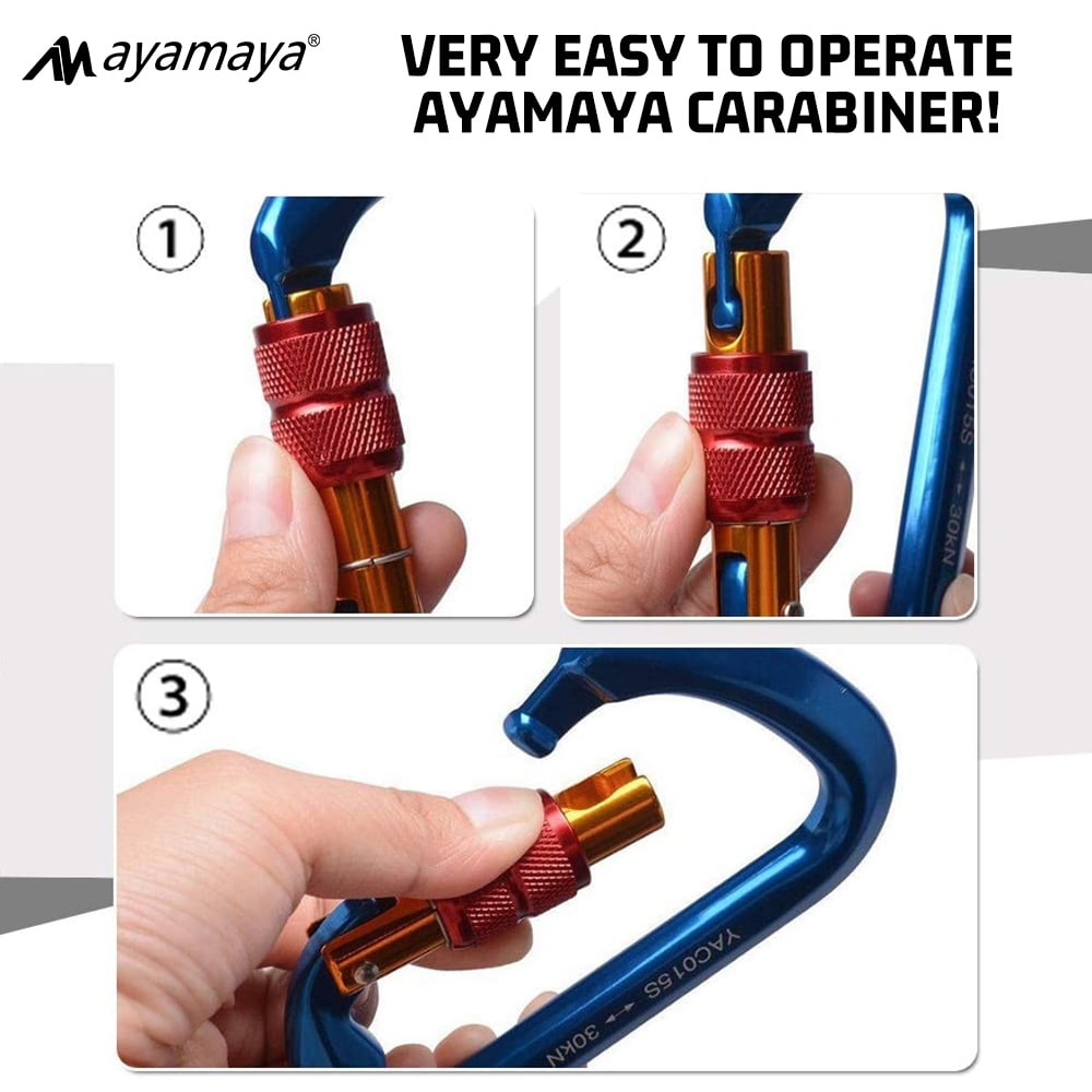 3PACK AYAMAYA Climbing Carabiner, Aluminum D Ring Locking Clip Hook, Screw Locking Screwgate Carabiners,Screw Lock Hook for Traveling Camping (Blue)