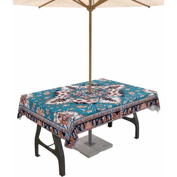 Outdoor Tablecloth with Umbrella Hole and Zipper Turquoise Brown Boho Tablecloths 60x102 Waterproof Outside Table Cloths Vintage Bohemian Patio Table Cloth Cover for Outdoor Tables Picnic Garden