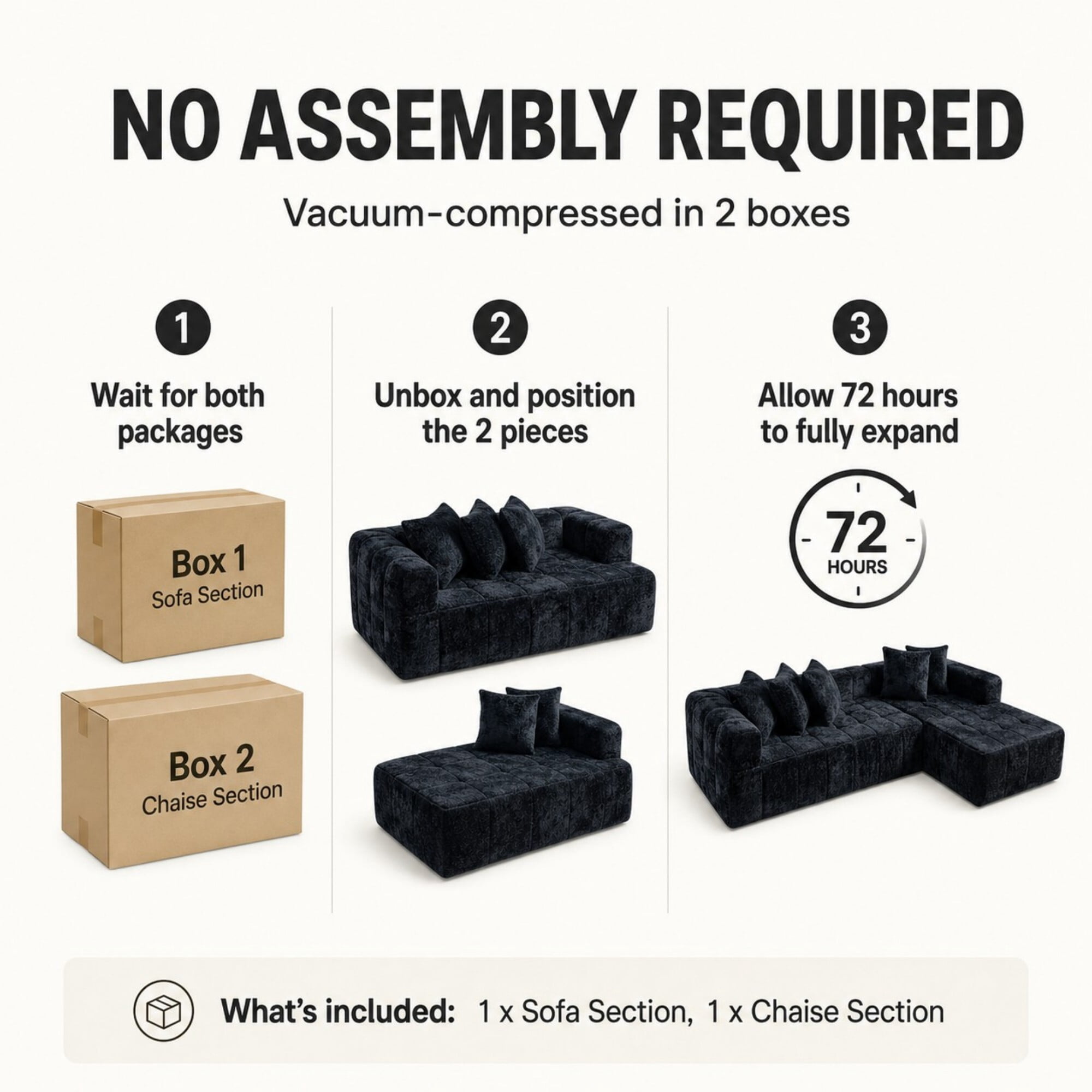 DEALTOPS 108" Cloud Sectional Sofa, 4-Seat Boucle L-Shaped Couch, No Assembly, Black Right-Facing Chaise