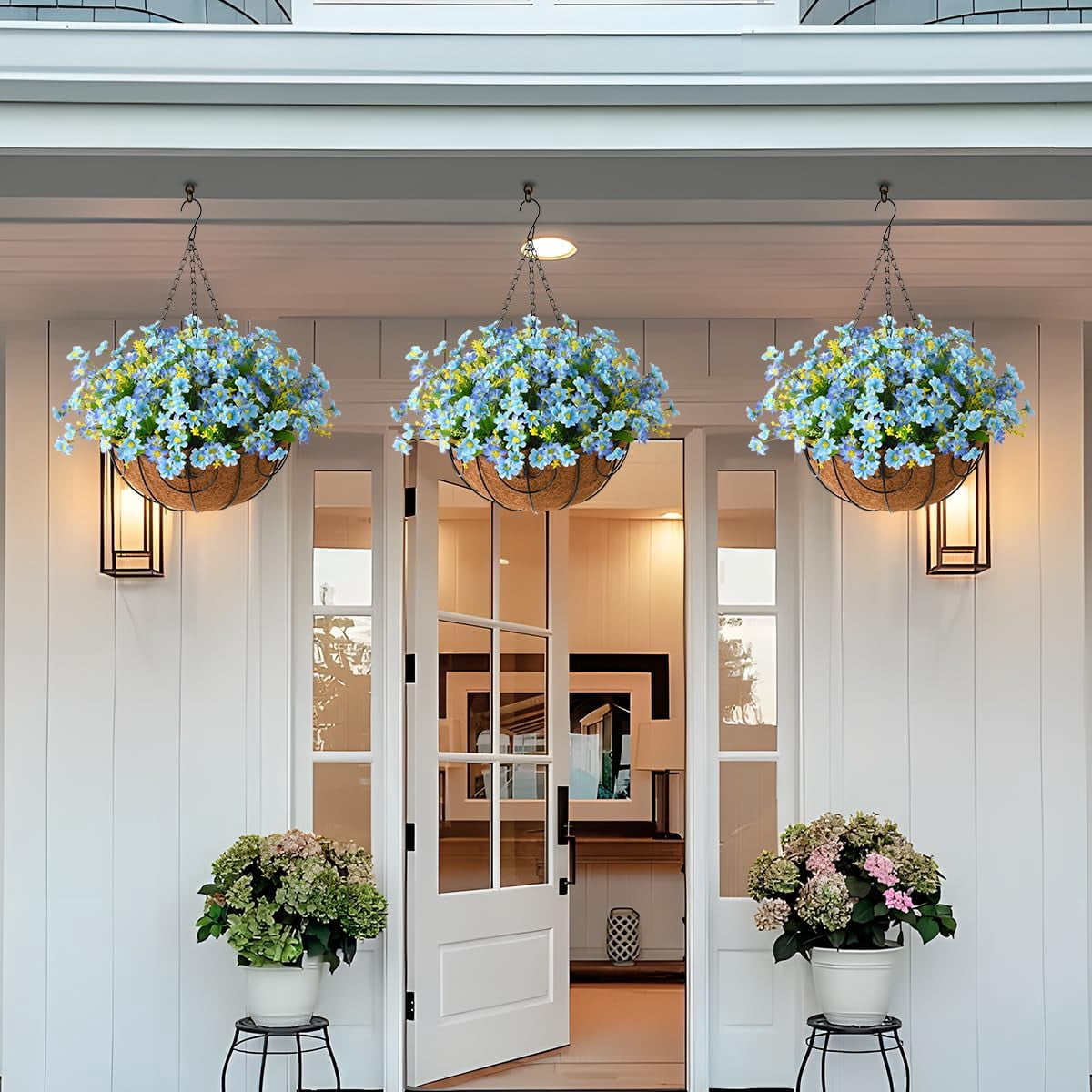 Artificial Hanging Flowers in Basket,Fake Daisy Plants Arrangement,inch Coconut Lining Basket Hanging Plant,Outdoor Indoor Patio Lawn Garden Porch Spring Decor (Dark Purple)