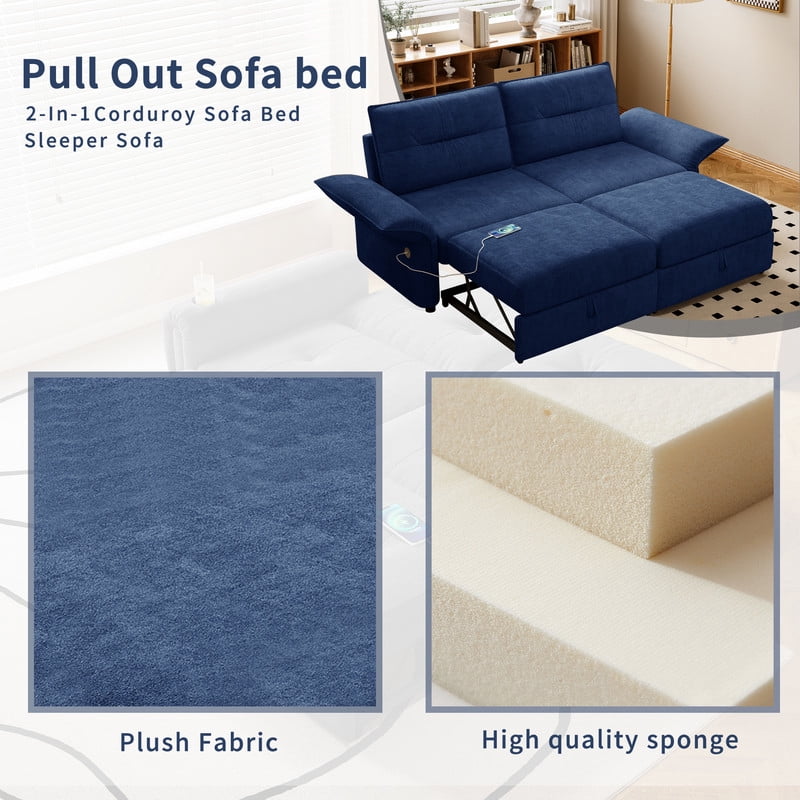 85" Convertible Sofa Bed, 2-in-1 Sleeper Sofa with Plush Fabric, Full-Size Pull-Out Couch with USB Charging Ports, Solid Wood Frame, High-Resilience Foam for Living Room & Small Space