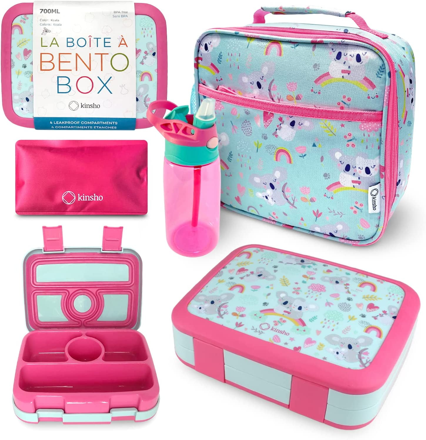 Bento Lunch Box with Insulated Bag, Water Bottle & Ice Pack Set for