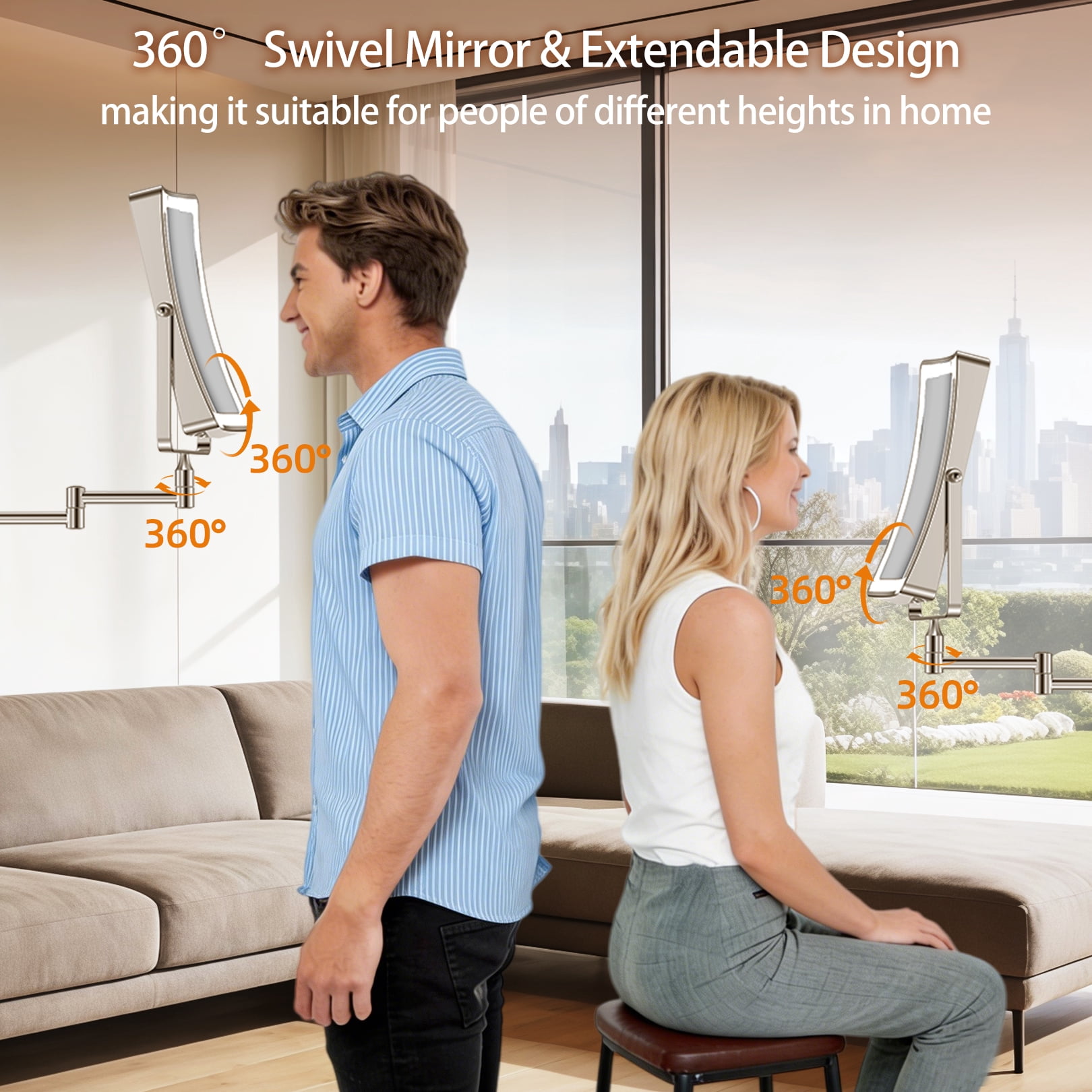 Funtouch Double Sided 1X 10X Magnifying Wall lighted Mounted Makeup Mirror with Extended Arm, 360° Swivel Foldable, 3 Color Settings,Nickel