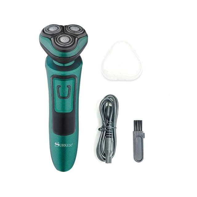 afeitadora eléctrica recargable por usb inalámbrica para hombres multicolor, vista frontal centrada de rasuradora de tres cabezales redondos con cuerpo ergonómico verde y negro y botón de un toque; incluye cable USB, cepillo de limpieza y tapa transparente sobre fondo blanco, motor 5 W y hasta 90 minutos de uso continuo; también suele usarse para definir patillas y perfilar la barba.
