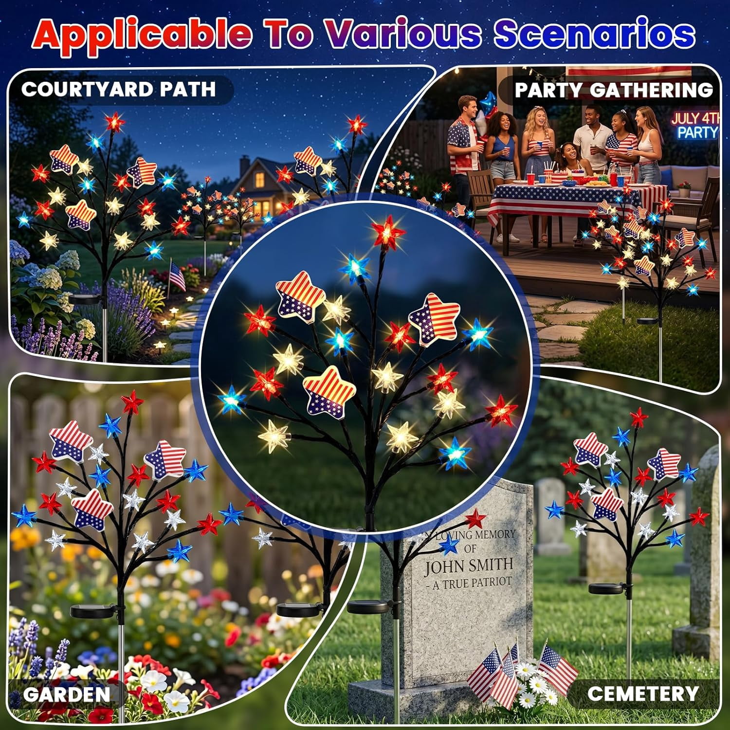 4th of July Decor Outdoor, 2 Pack Red White Blue Star Solar Garden Lights with 8 Modes, Twinkle Star Tree Lights Pathway Lights Outdoor Waterproof, Patriotic Lights for Independence Day Memorial Day