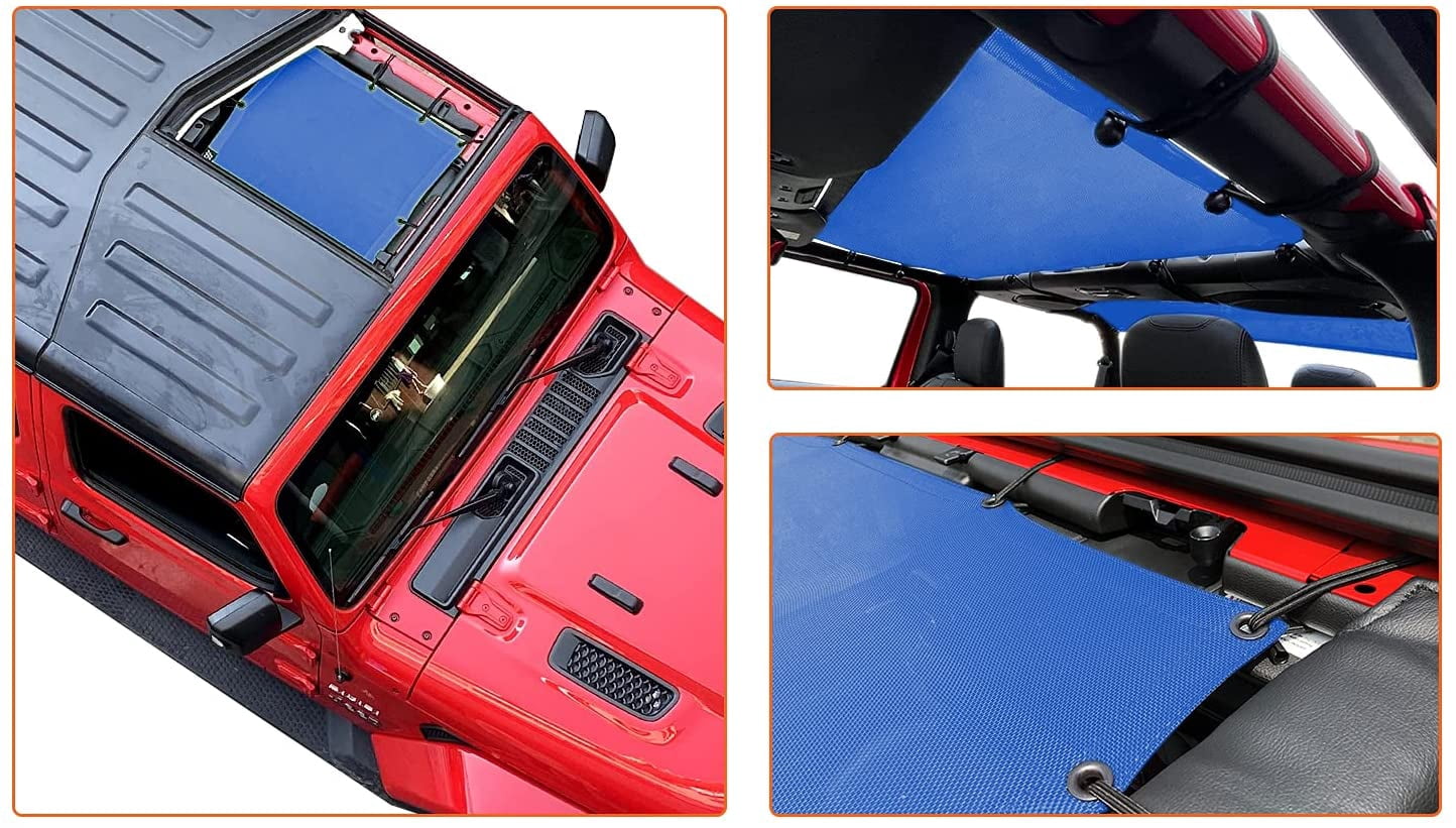 Shadeidea JL Sun Shade for Jeep Wrangler 2 Door Top Sunshade ( 2018 - Current ), Front & Rear - Blue Mesh Screen Wrangler Cover, UV Blocker with Grab Bag Pouch - 10 Years Warranty
