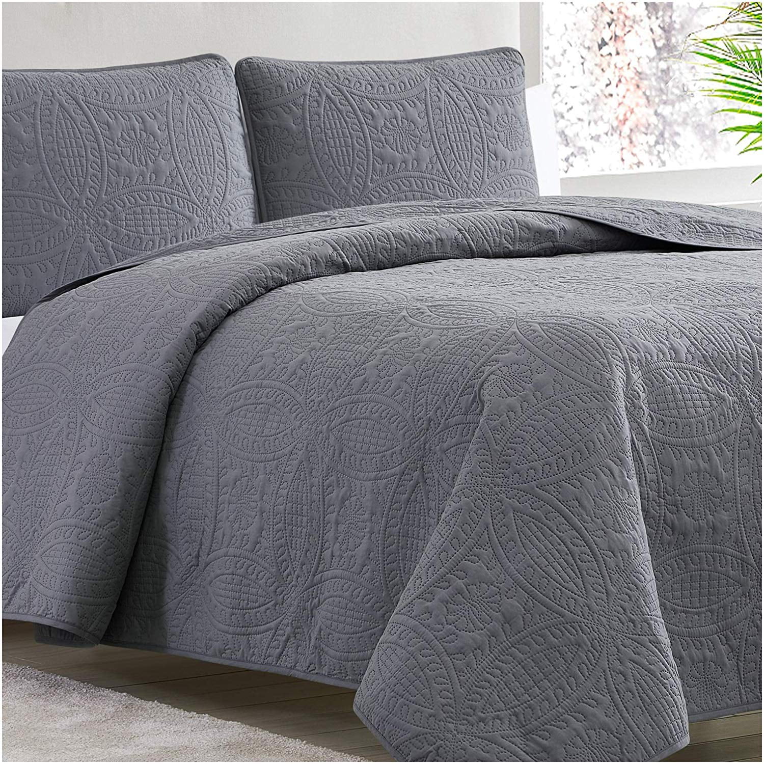 Full/Queen, Light Gray Mellanni Bedspread Coverlet Set Gray Comforter Oversized 3-Piece Quilt Set 