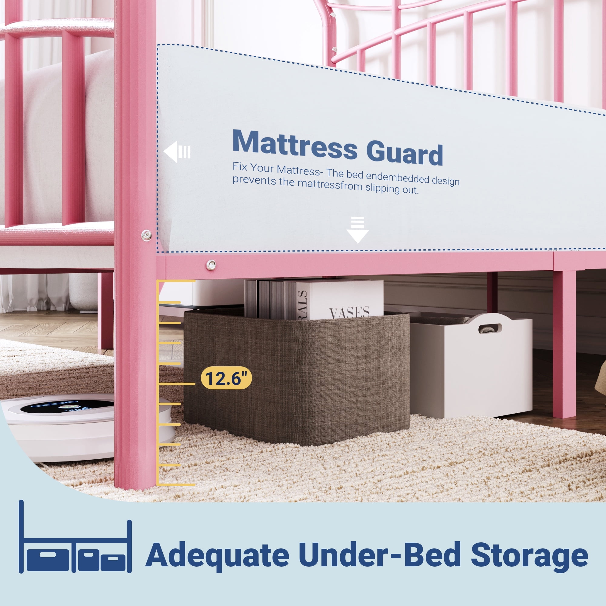Allewie 14 Inches Twin Size Metal Platform Bed Frame with Elegant Crown Headboard & Footboard, Sturdy Mattress Foundation with Under-Bed Storage, Easy Assembly, No Box Spring Needed, Pink