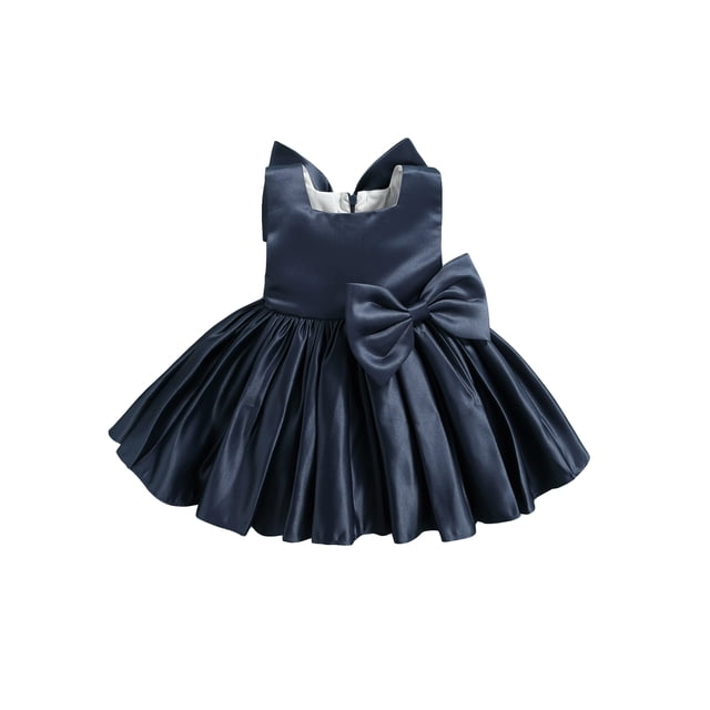 Xingqing Robe Formelle en Satin pour Bébé Fille Nœud Princesse Anniversaire Robe de Concours Bleu Marine 3-4 Ans