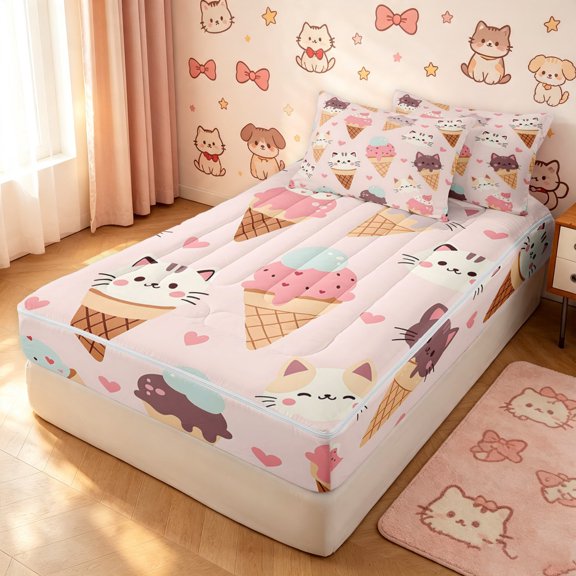 Manfei Ice Cream Cat Zipper Twin Comforter Sets with Fitted Sheet and 2 Pillowcases, Cartoon Love Heart Zipper Bedding Set, Pink, Pink Reversible, 4pcs