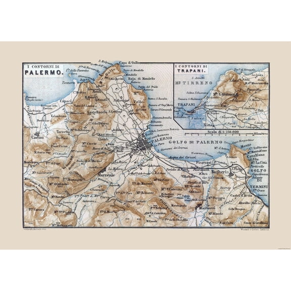 Historic Map - Palermo Trapani Italy - Baedeker 1880 - Vintage Wall Art