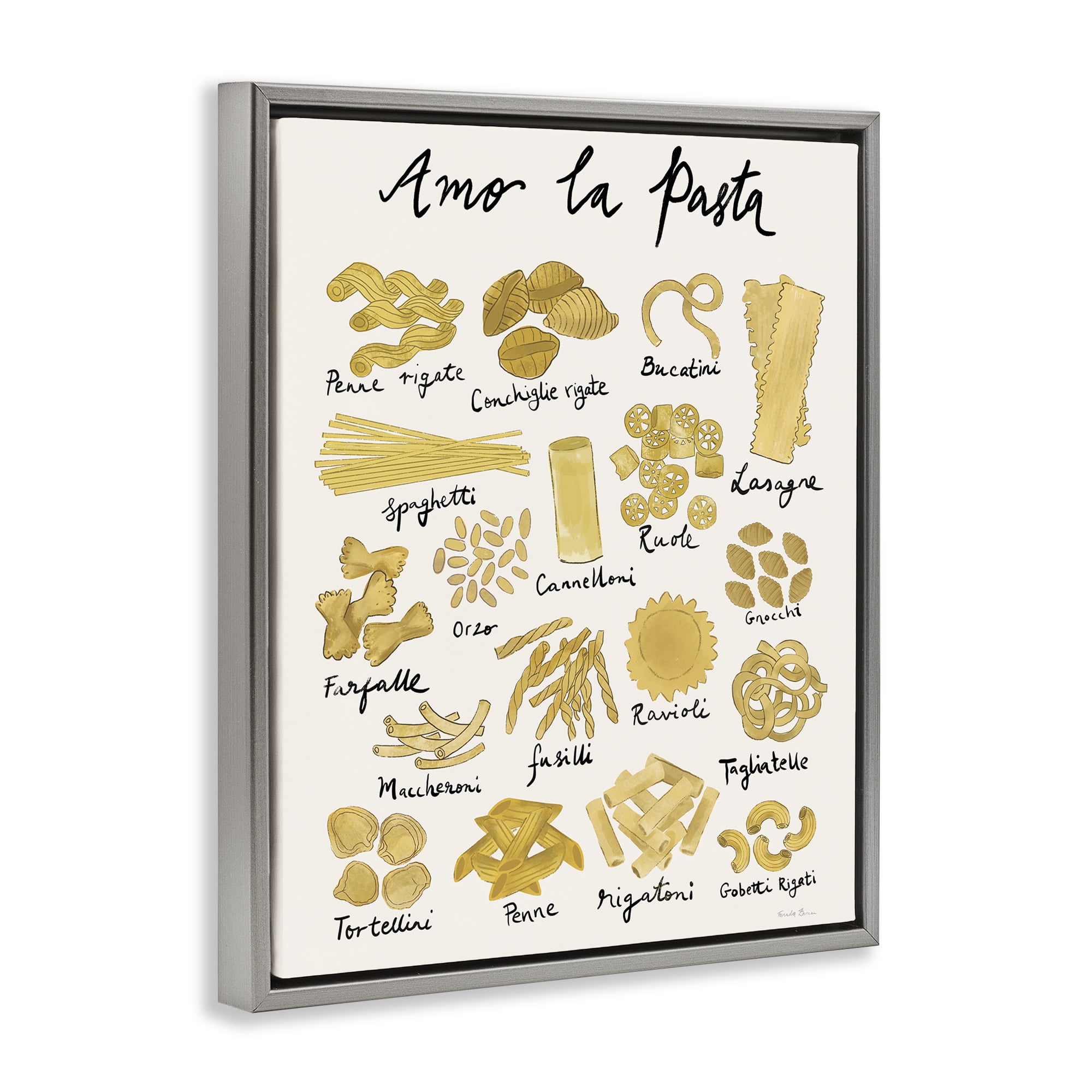 Stupell Industries Amor La Pasta Chart Food & Beverage Painting Gray Floater Framed Art Print Wall Art, 17 x 21