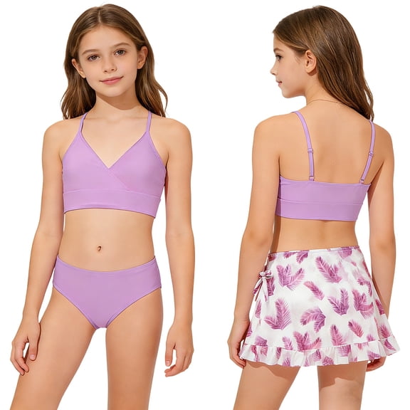 QUOTAY Girls Swimsuit Two Piece Set with Ruffle Trim and Matching Cover Up Skirt for Big Kids and Youth Age 8-15 Years Swimwear Light Purple,100